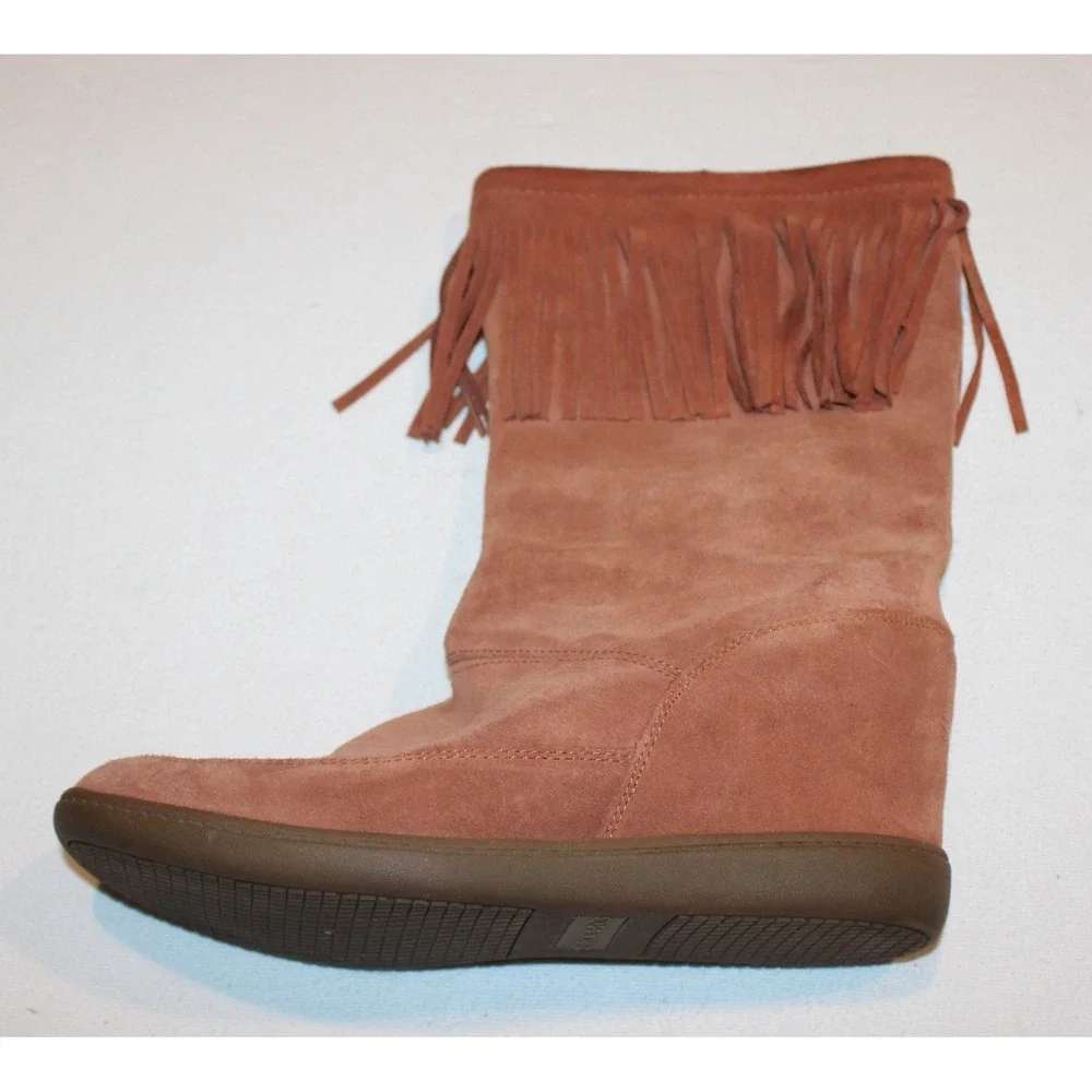 women's Skechers SKCH+3 hidden wedge suede boots Sz 10 rust fringe 48091